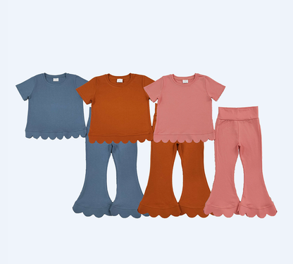 Sibling Baby Girls Kids Short Sleeves Shirts Bell Pants Scallop Cotton Sets Clothes