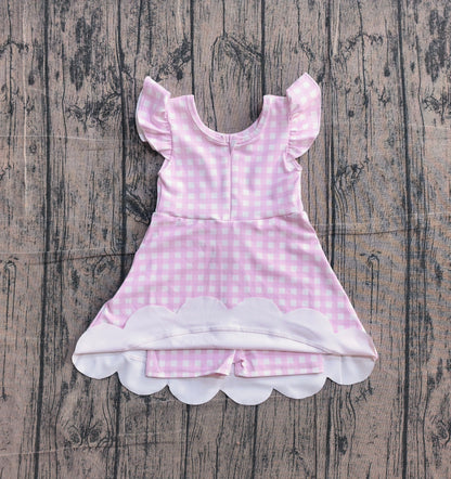 Preorder Baby Girls Kids Short Sleeves Pink Plaid Yoga Active Knee Length Dress