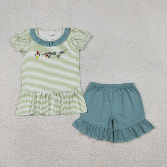 Baby Girls Short Sleeves Embroidery Fishing Stripes Shirt Ruffle Shorts Clothes Set