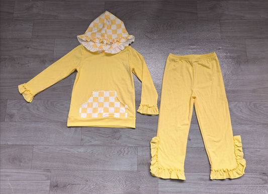 No moq Preorder Baby Girls Kids Checked Pocket Hoodie Shirt Pants Yellow Set Cotton Clothes