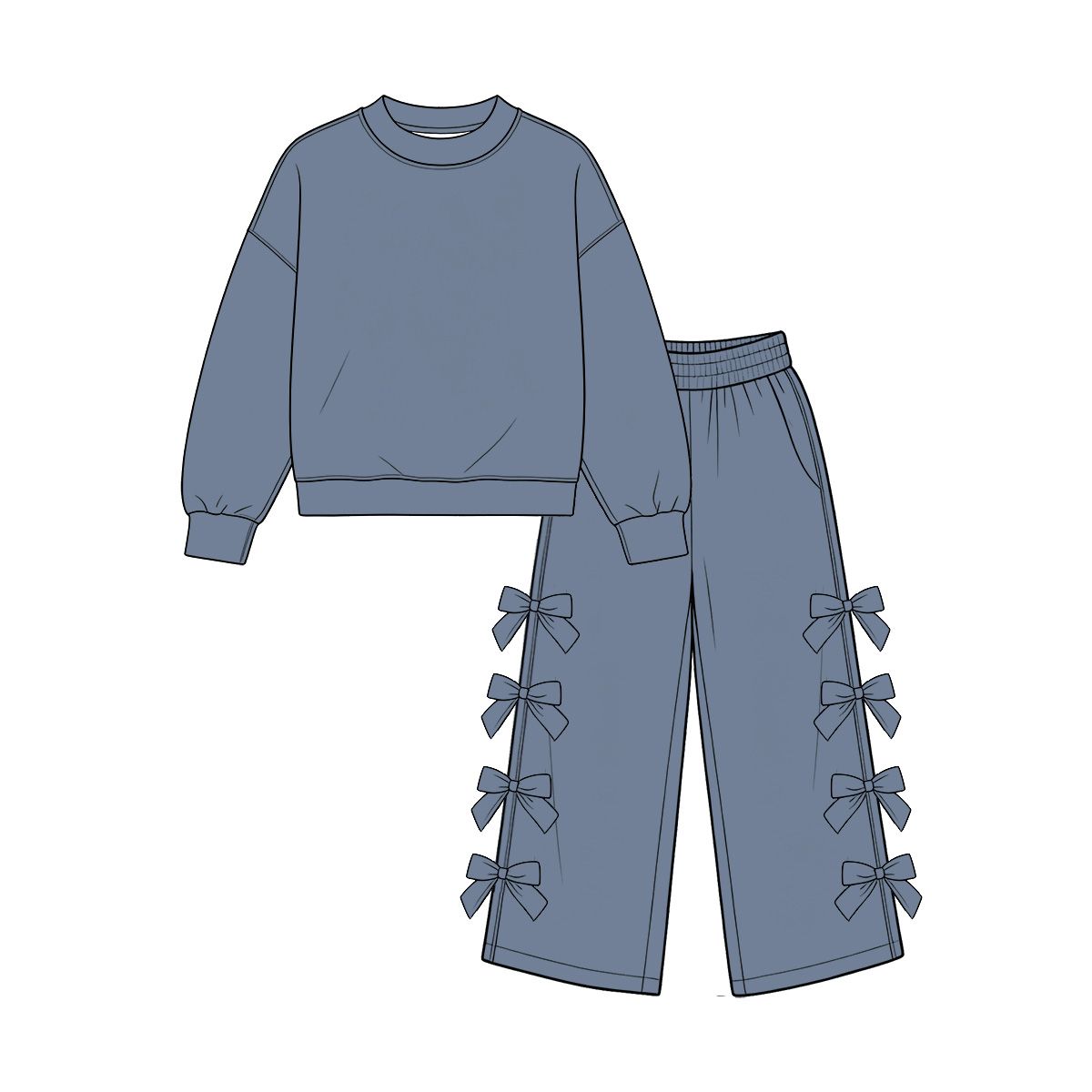 Moq 5 Preorder Baby Girls Kids Long Sleeves Blue Shirt Bows Pants Set Cotton Clothes