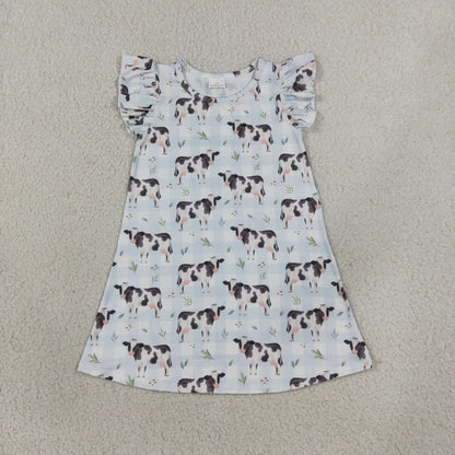 Baby Girls Short Sleeves Cows Blue Plaid Knee Length Dress