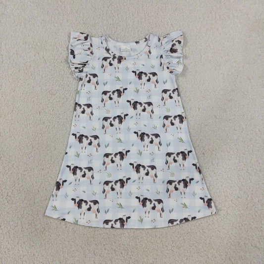 Baby Girls Short Sleeves Cows Blue Plaid Knee Length Dress