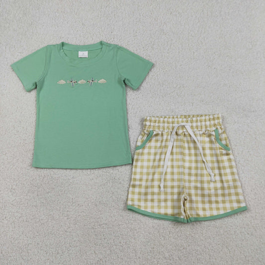 RTS Baby Boys Kids Short Sleeves Embroidery Planes Shirt Plaid Pockets Shorts Set