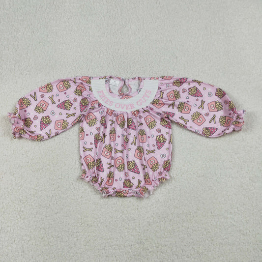 Baby Girls Infant Embroidery Fries Over Guys Hears Bows Valentine Smocked Bubble Romper
