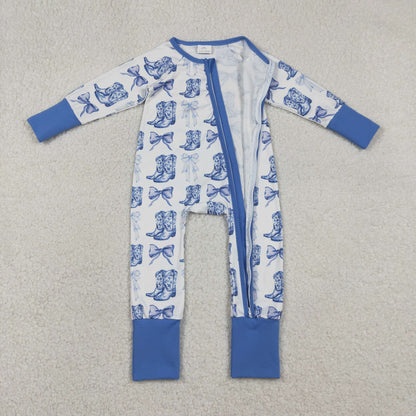 Baby Girl Long Sleeves Blue Bows Boots Western Zipper Pajamas Romper