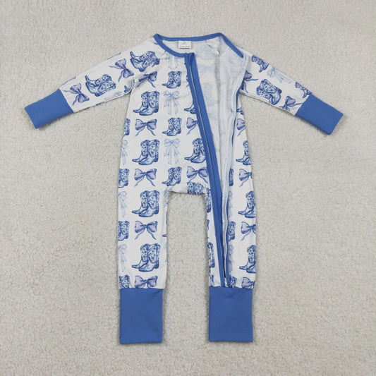 Baby Girl Long Sleeves Blue Bows Boots Western Zipper Pajamas Romper