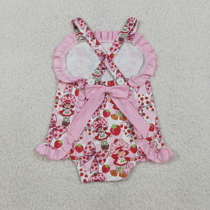 RTS Baby Girls Infant Sleeveless Strawberry Pink Bows Ruffle Romper