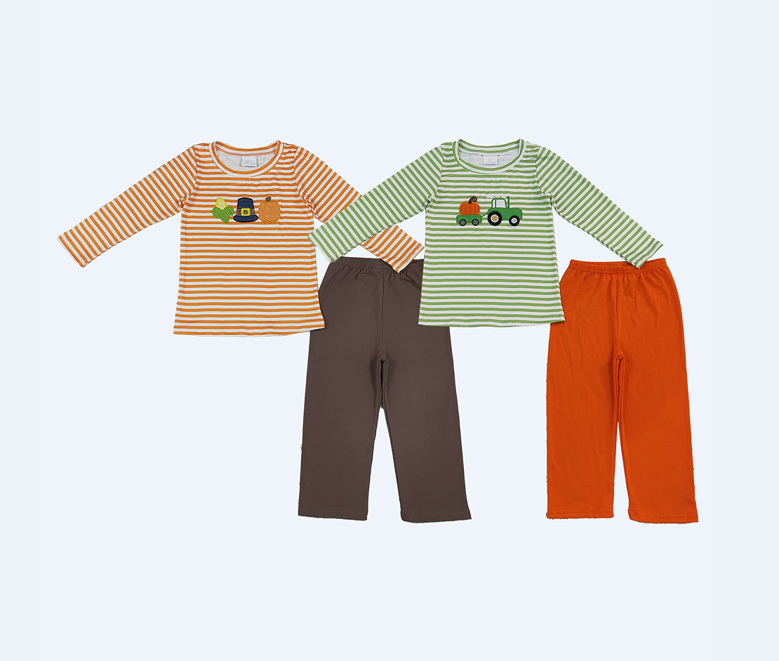 Sibling Baby Boys Kids Embroidery Pumpkin Stripes Shirts Pants Sets Thanksgiving Clothes