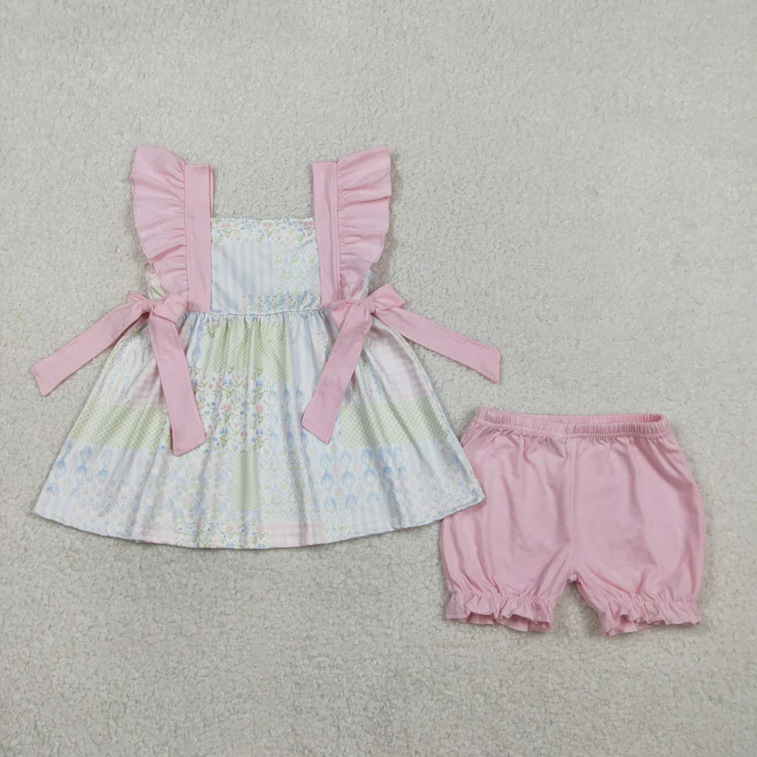 RTS Sibling Baby Girls Kids Short Sleeves Floral Pink Bows Summer Bubble Romper Dress