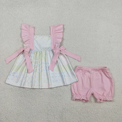 RTS Sibling Baby Girls Kids Short Sleeves Floral Pink Bows Summer Bubble Romper Dress