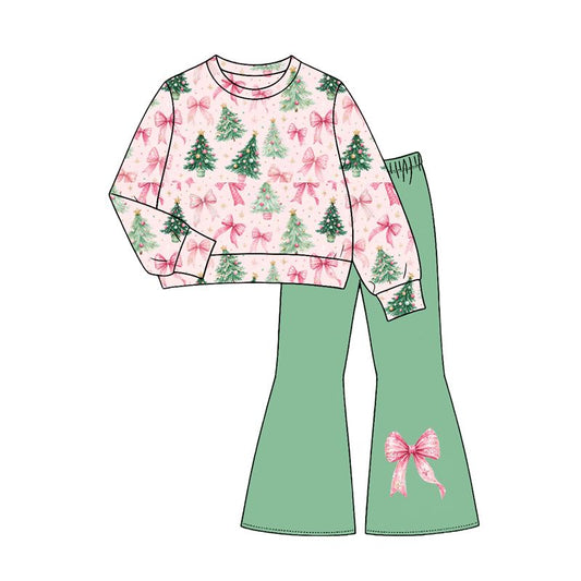 Moq 5 Preorder Baby Girls Kids Long Sleeves Christmas Bows Tree Shirt Green Pants Set Clothes