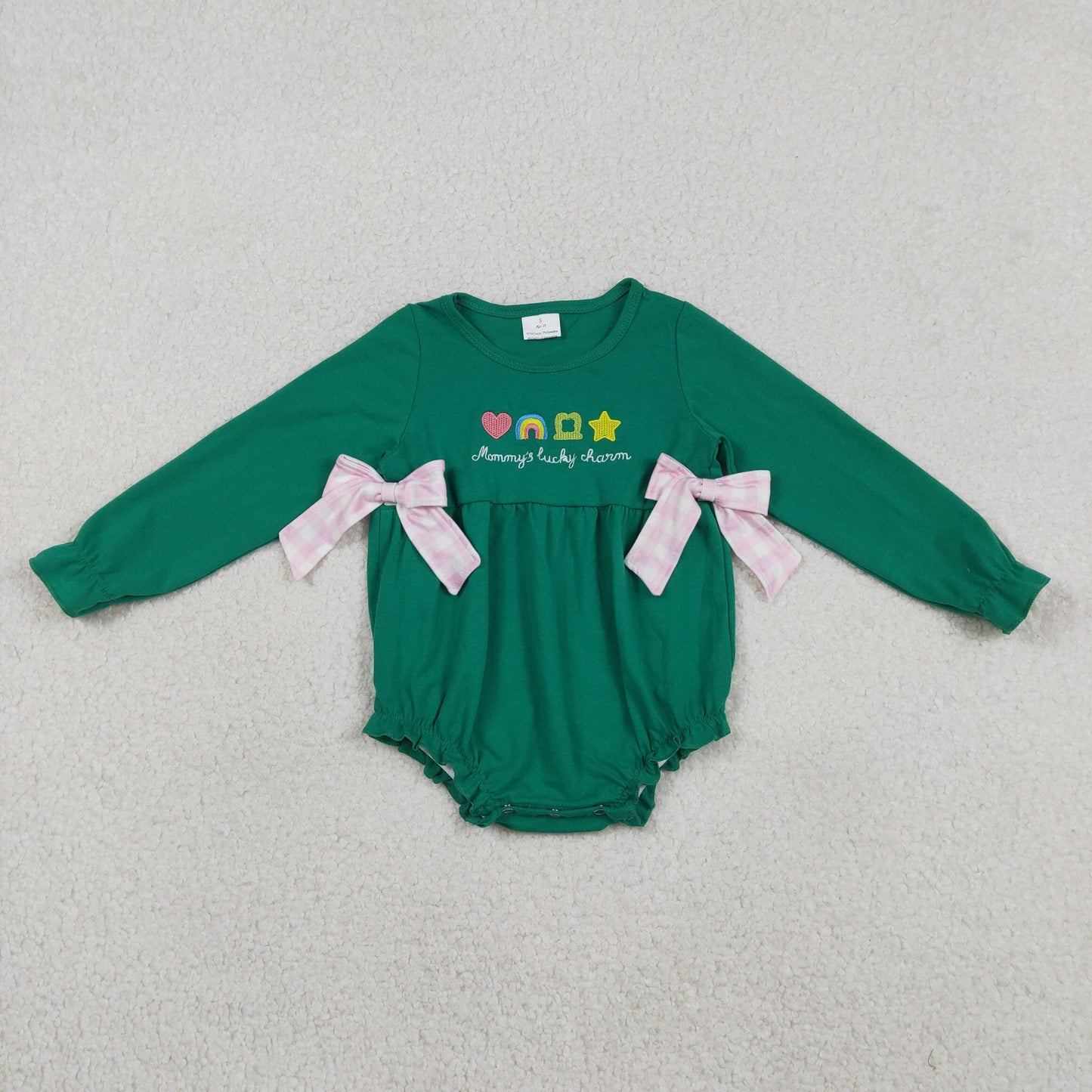 Baby Girls Green Long Sleeves Embroidery Clovers Bows St Patrick Bubble Romper