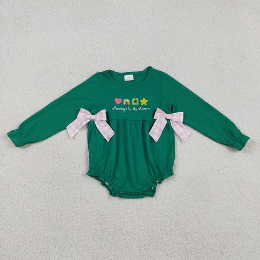 Baby Girls Green Long Sleeves Embroidery Clovers Bows St Patrick Bubble Romper