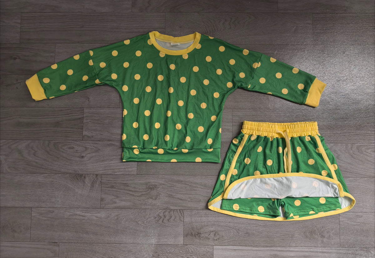No moq Preorder Baby Girls Kids Long Sleeves Dots Shirt Skirt Shorts Green Set Clothes