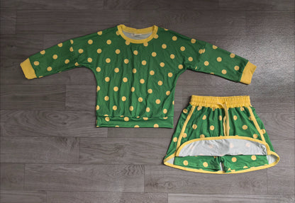 No moq Preorder Baby Girls Kids Long Sleeves Dots Shirt Skirt Shorts Green Set Clothes