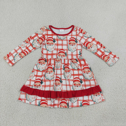 Baby Girls Kids Long Sleeves Christmas Santa Plaid Knee Length Ruffle Dress Clothes