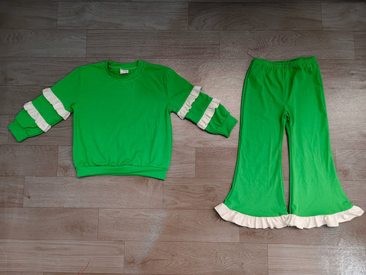 No moq Preorder Baby Girls Kids Long Sleeves Tops Bell Pants Green Set Cotton Clothes