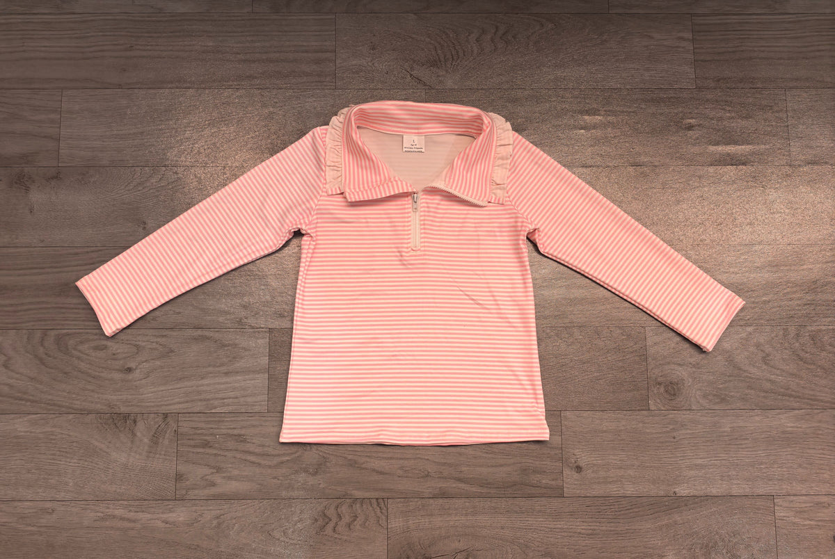 No moq Preorder Baby Girls Kids Long Sleeves Pink Stripes Zipper Pullover Shirt Clothes