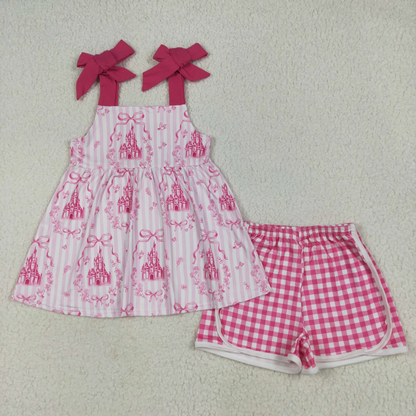 RTS Sibling Baby Girls Kids Castles Bows Flower Rompers Dress Sets