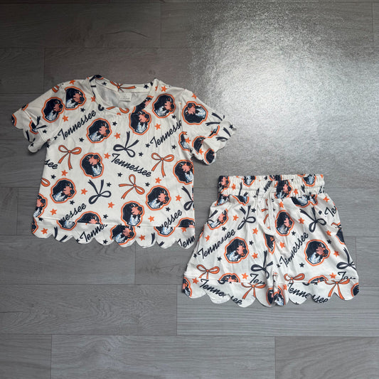 No moq Preorder Baby Girls Kids Short Sleeves Bows Dogs Team Shirt Shorts Summer Set