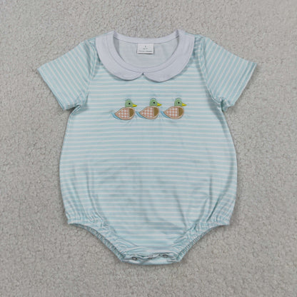 Baby Boys Infant Embroidery Ducks Blue Stripes Bubble Romper