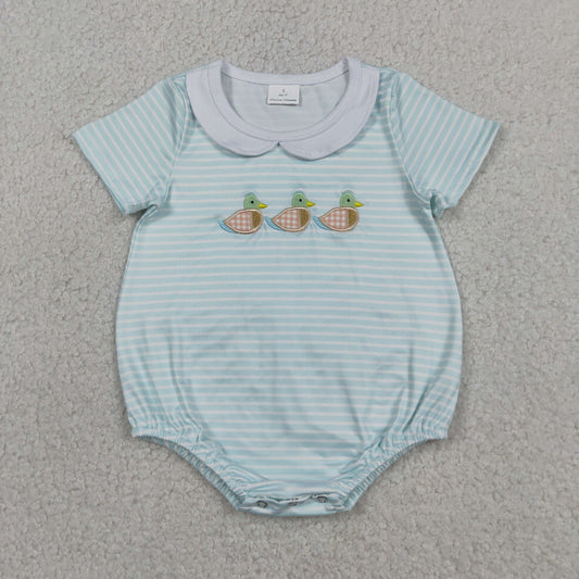 Baby Boys Infant Embroidery Ducks Blue Stripes Bubble Romper