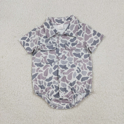 Sibling Baby Boys Infant Short Sleeves Camo Print Pockets Hunting Buttons Bubble Rompers