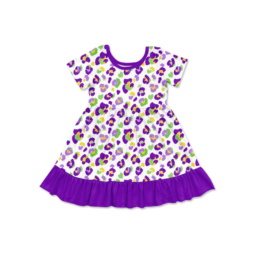 Moq 5 Preorder Baby Girls Kids Short Sleeves Leopard Mardi Gras Dress Clothes