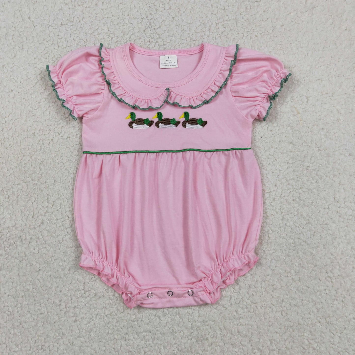 Baby Girls Short Sleeves Embroidery Ducks Pink Ruffle Bubble Romper