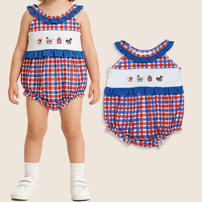 Baby Girls Infant Embroidery Farm Animals Plaid Summer Bubble Romper