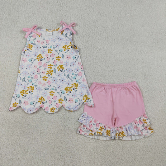 RTS Baby Girls Kids Sleeveless Flower Scallop Tops Pink Ruffle Shorts Summer Set