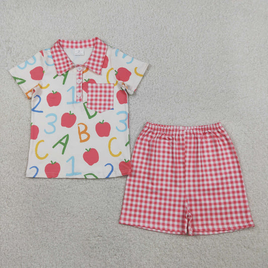 RTS Baby Boys Kids Short Sleeves Apple Shirt Red Plaid Shorts Back to School Set