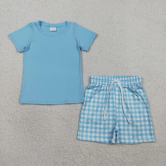 RTS Baby Boys Blue Short Sleeves Shirt Plaid Pockets Shorts Summer Clothes Set