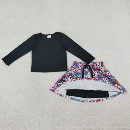 RTS Baby Girls Kids Black Long Sleeves Shirt Movie Characters Flower Pockets Skort Set