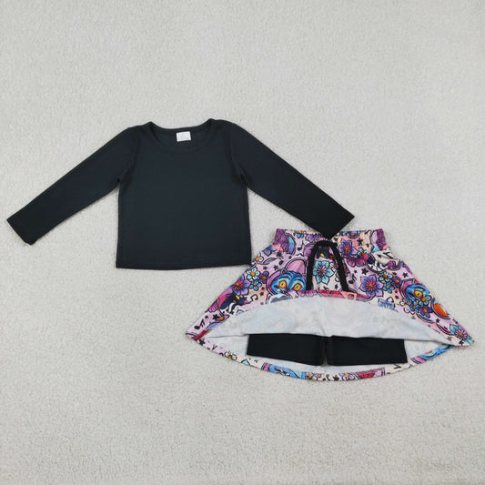 RTS Baby Girls Kids Black Long Sleeves Shirt Movie Characters Flower Pockets Skort Set