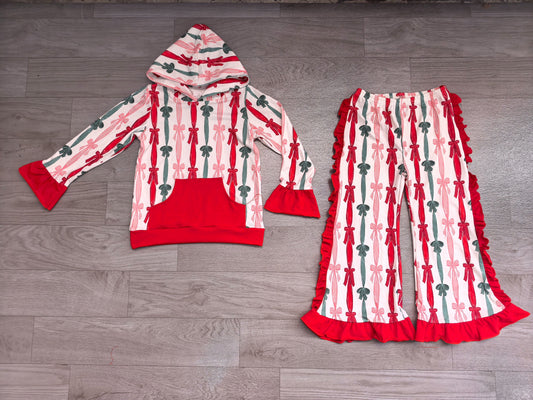 No moq Preorder Baby Girls Kids Christmas Bows Stripes Hoodie Pocket Hoodie Ruffle Pants Set Clothes