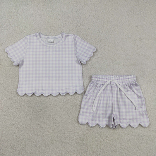 Baby Girls Kids Short Sleeves Plaid Shirt Scallop Shorts Purple Clothes Set RTS