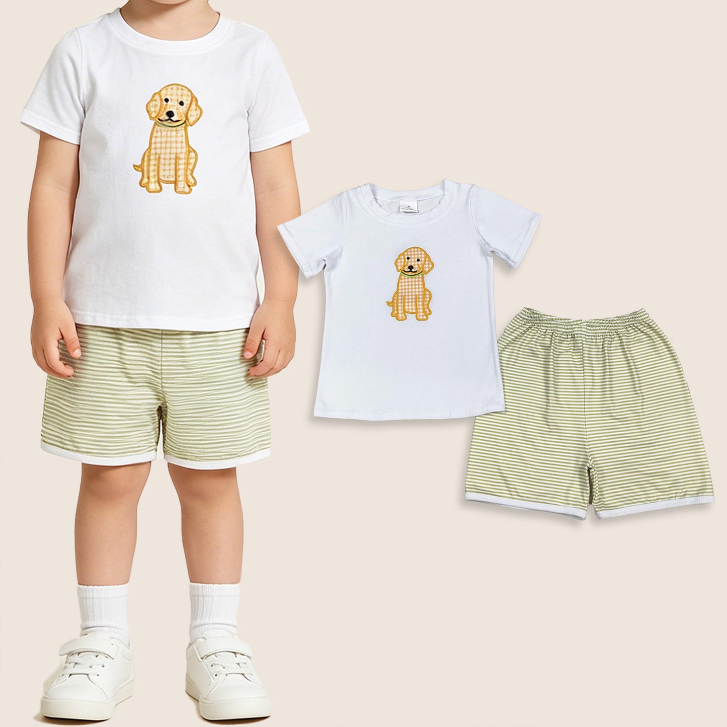 Baby Boys Kids Short Sleeves Embroidery Dog Shirt Green Stripes Shorts Set