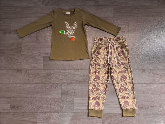 No moq Preorder Baby Boys Kids Embroidery Duck Shirt Pockets Camo Pants Set Clothes