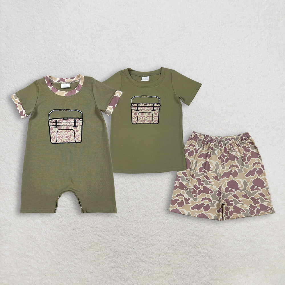 RTS Sibling Baby Boys Green Short Sleeves Embroidery Box Camo Hunting Clothes Romper Set
