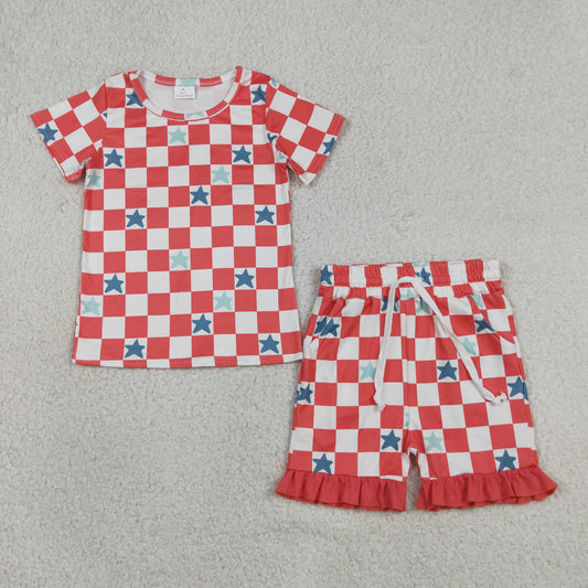 Baby Girls Kids Short Sleeves Checked Stars Shirt Pockets Shorts 4th of July Set