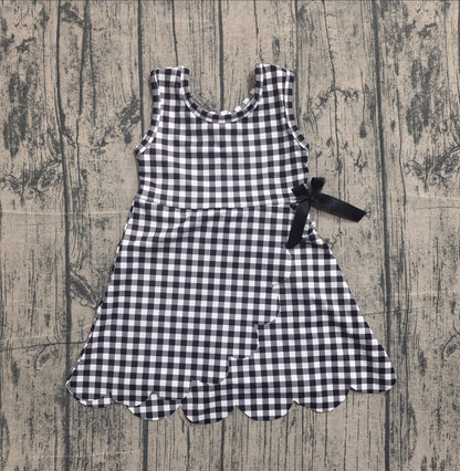 Preorder Baby Girls Kids Sleeveless Black Plaid Scallop Yoga Knee Length Dress