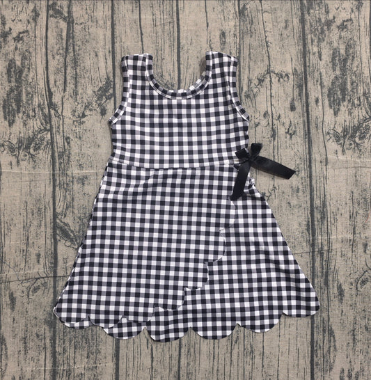 Preorder Baby Girls Kids Sleeveless Black Plaid Scallop Yoga Knee Length Dress