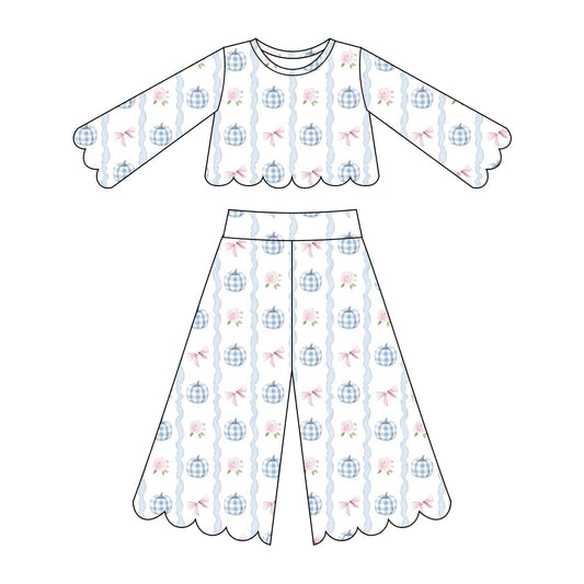 Preorder ( Moq 5 ) Baby Girls Kids Plaid Pumpkins Bows Shirt Scallop Pants Set Fall Clothes