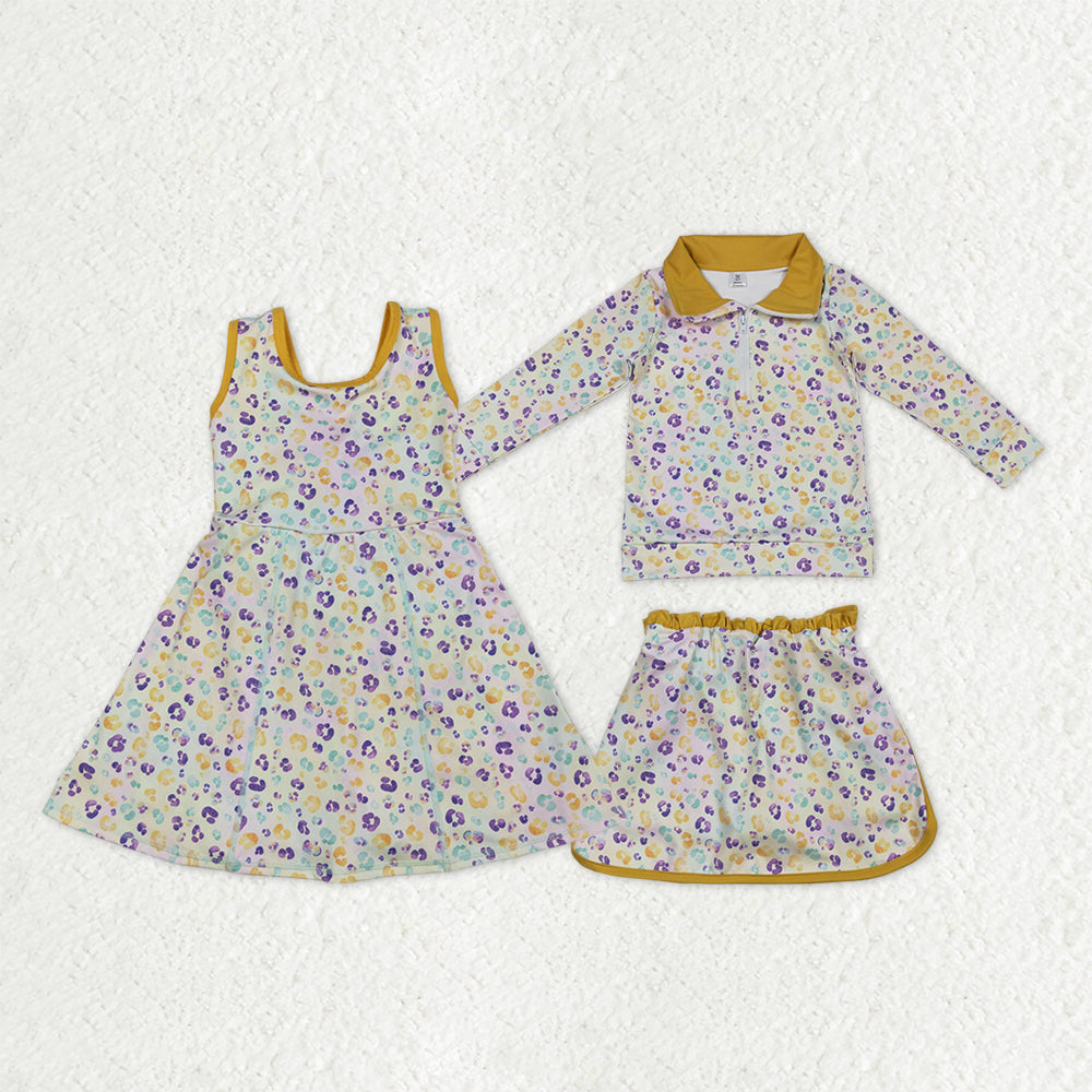 Sibling Baby Girls Kids Mardi Gras Leopard Skort Yoga Active Dress Zipper Set