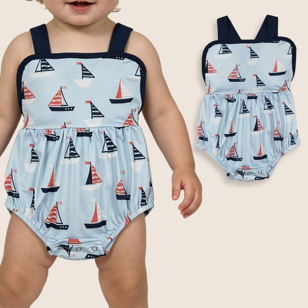 RTS Baby Boys Kids Sleeveless Boats Blue Bubble Romper