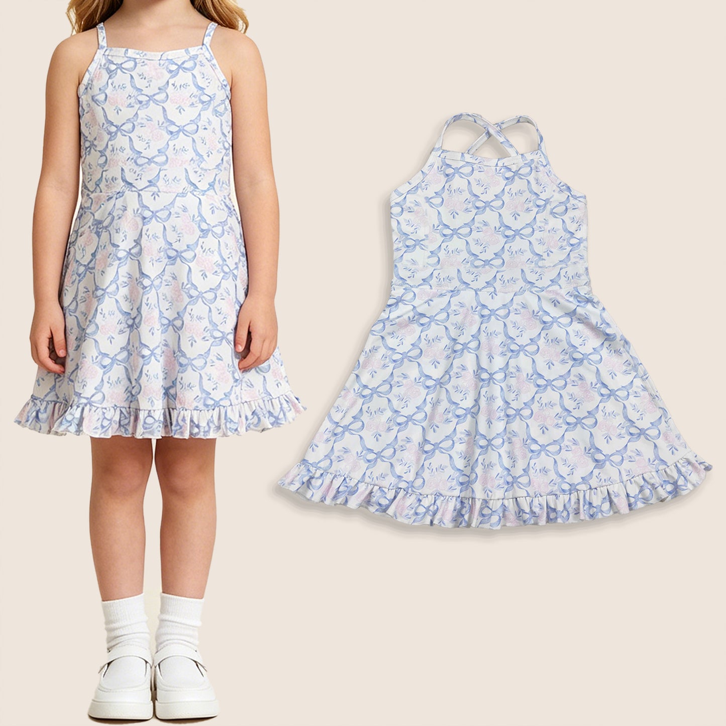 Baby Girls Kids Sleeveless Blue Bows Flower Shorts Knee Length Ruffle Dress