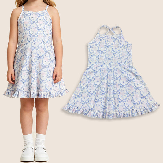 Baby Girls Kids Sleeveless Blue Bows Flower Shorts Knee Length Ruffle Dress