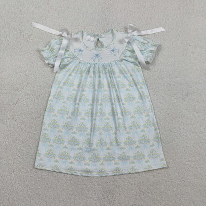 RTS Baby Girls Kids Short Sleeves Embroidery Smocked Bows Floral Bubble Romper